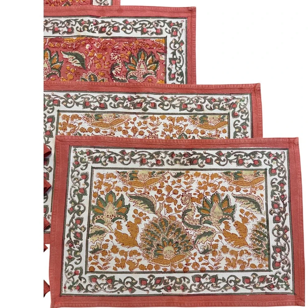 Hand‎ Block Print Floral Cotton Placemats & Napkins Set 9pc Terracotta Boho